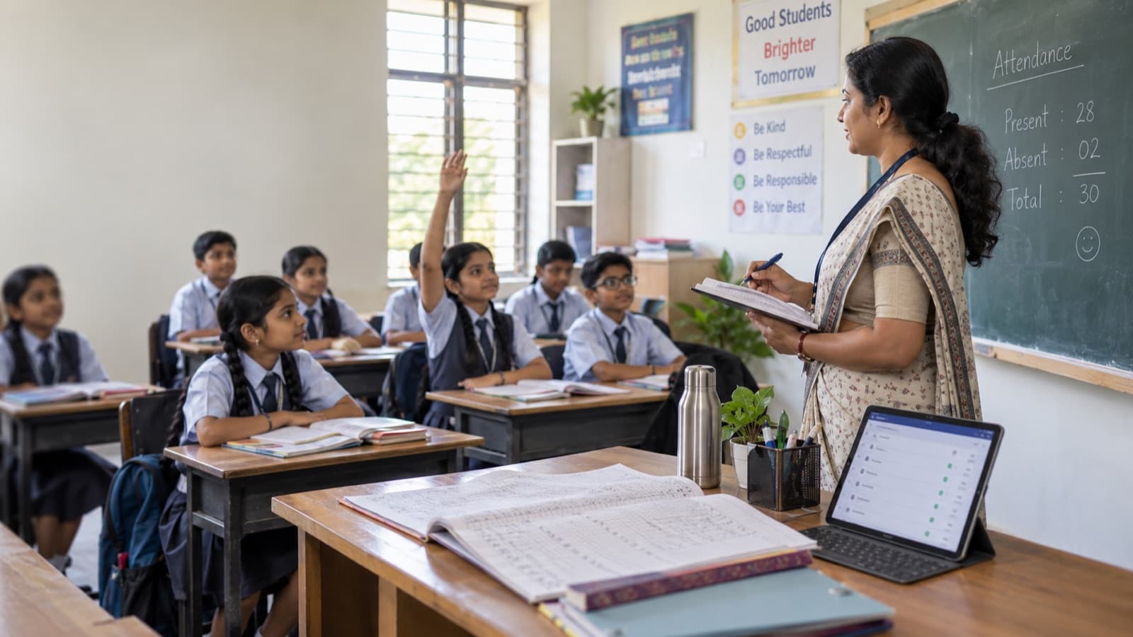 A teacher takes attendance from a paper register beside a tablet showing the same class list, with the day's present and absent counts written on the blackboard.