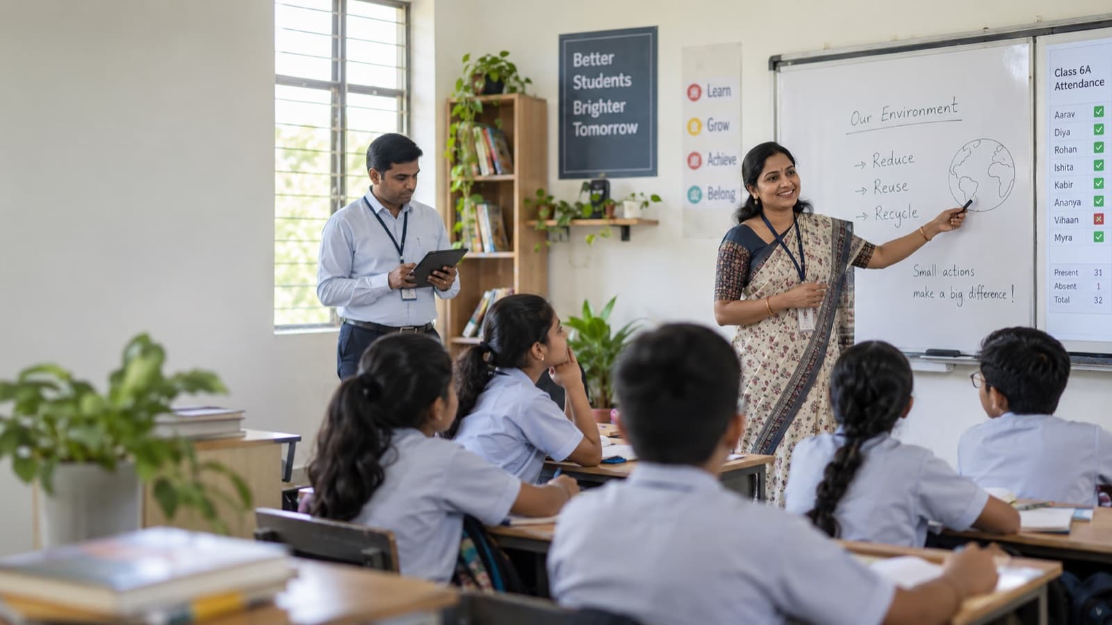 A teacher leads a lesson at a whiteboard while an administrator reviews a tablet at the back of the classroom, beside a screen showing the day's class attendance.