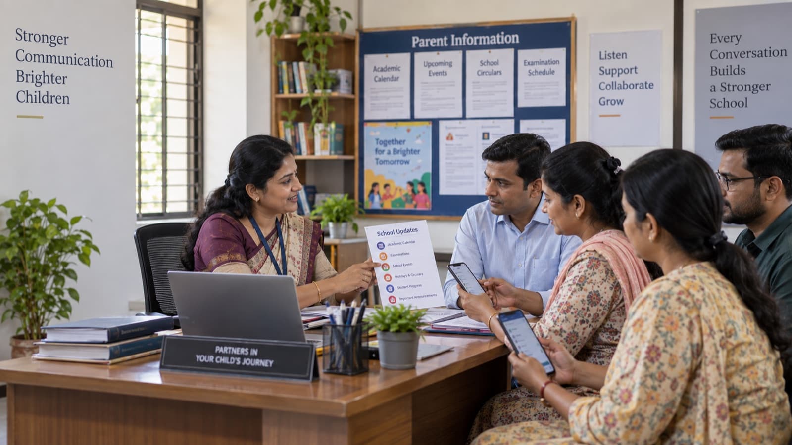 A school coordinator talks parents through a school updates sheet at a meeting table, with the parents following the same information on their phones.