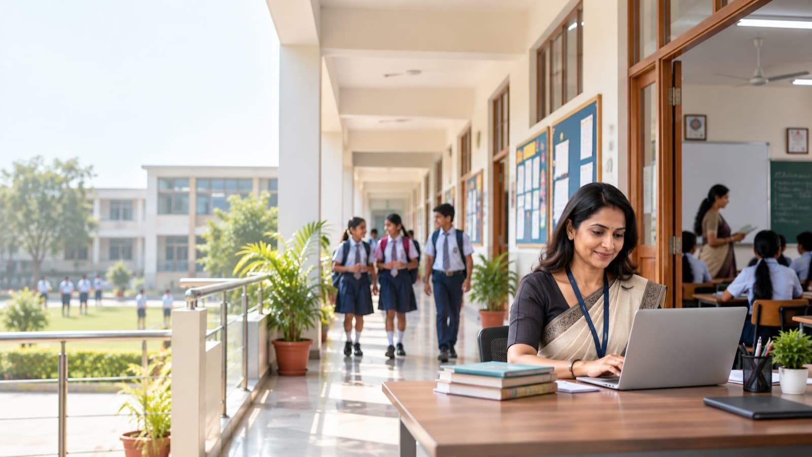 A teacher works on a laptop at a desk in an open school corridor while students walk to class and a lesson continues in the room behind her.
