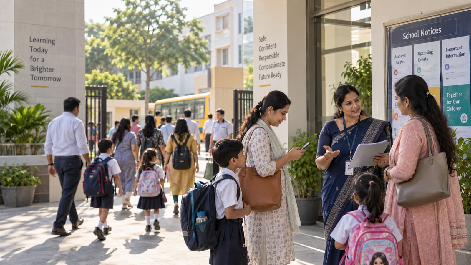 Parents, students and staff at a school entrance at the start of the day, with a member of staff talking a parent through printed school notices beside the noticeboard.
