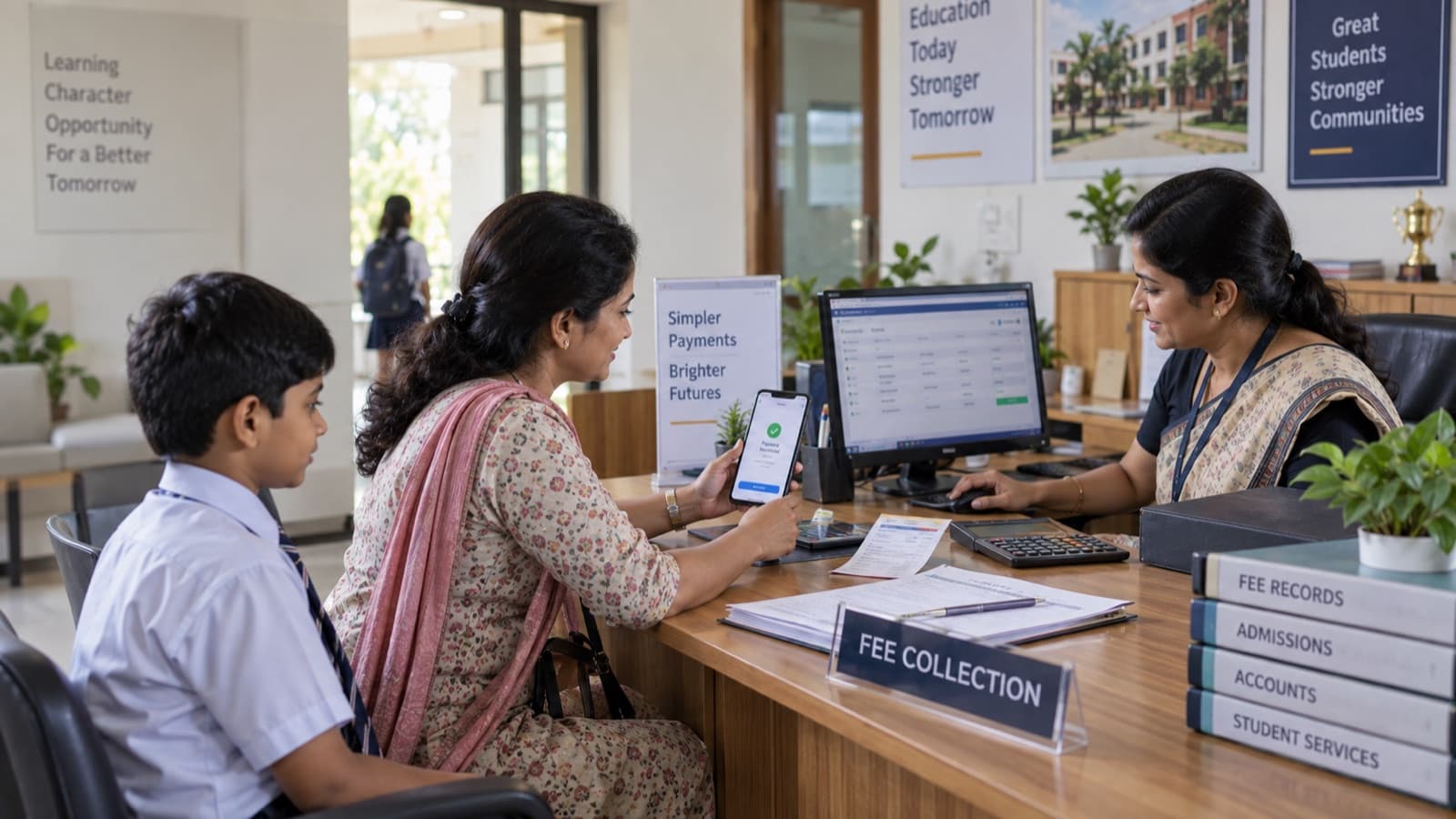A parent and child at a school fee collection counter, the parent holding a phone showing a payment confirmation while an accounts officer works at the fee ledger.