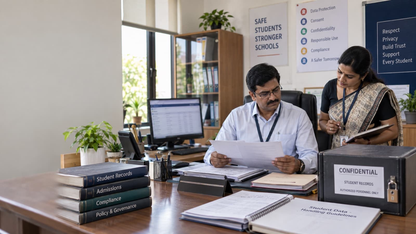Two school administrators review paperwork in an office, beside a locked confidential student records box and a folder of student data handling guidelines.