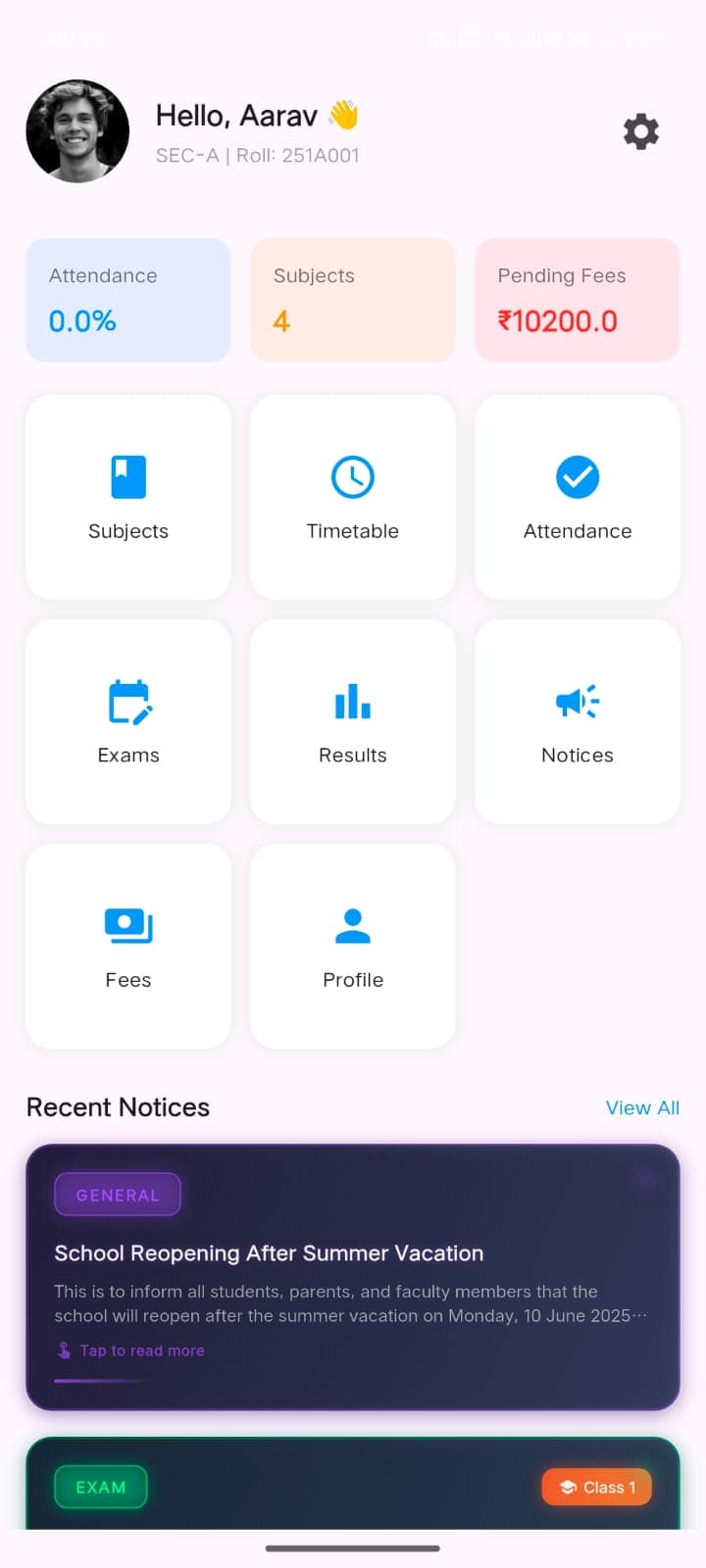 CampusTrue parent app home screen with attendance, subjects and pending fees tiles above a list of recent school notices
